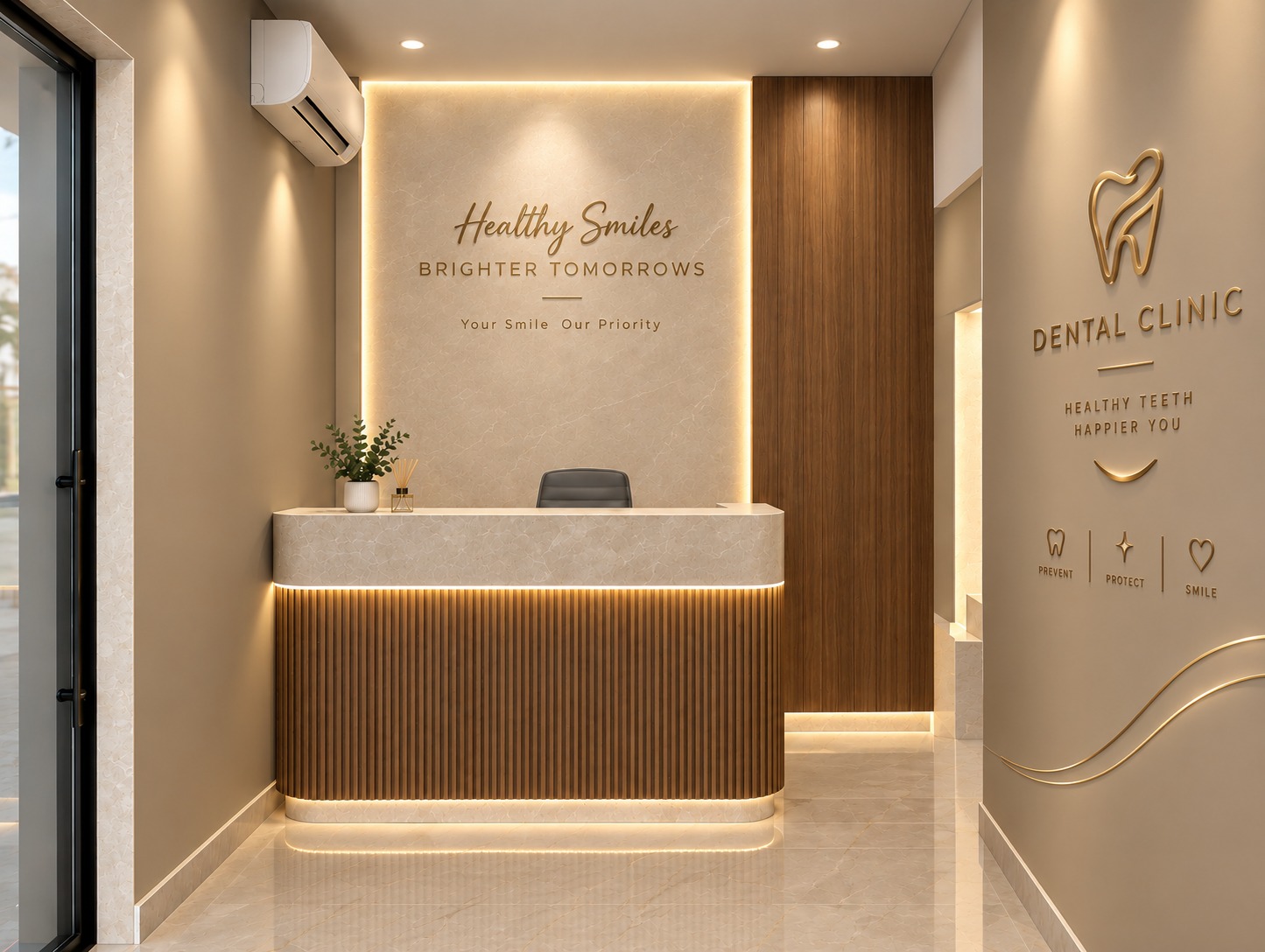 Dental clinic interior design reception counter with fluted wood and stone-look top, Indirapuram
